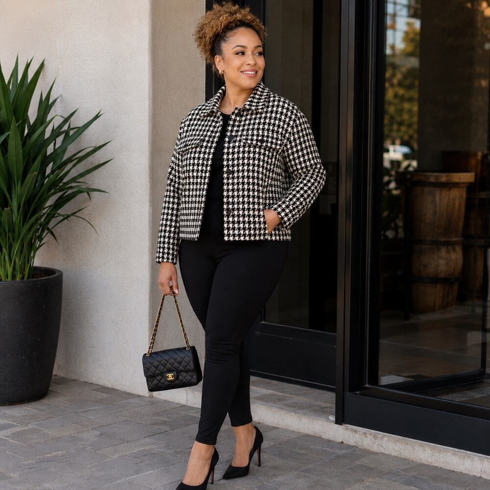 Sanctuary Black And White Houndstooth Tweed Cropped Jacket XS Classic Heritage